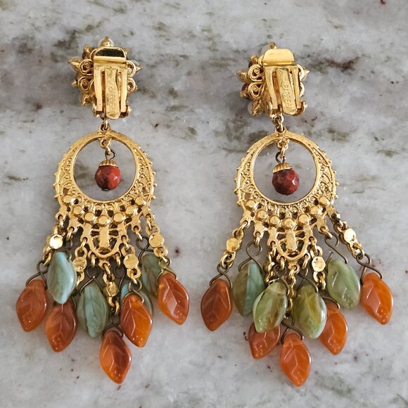 RARE JOSE MARIA BARRERA FALL LEAF STONE CRYSTAL DROP DANGLE CHANDELIER EARRINGS - Picture 8 of 11
